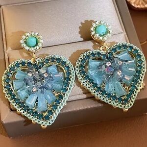 Stunning Blue Rhinestone Heart Shaped Charm Drop Glam Y2K Valentines Earrings